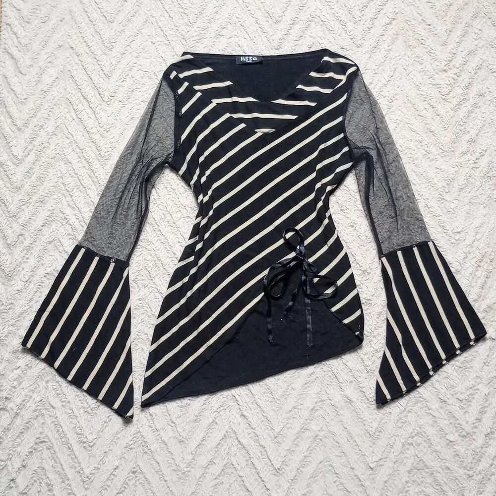 Y2K Striped Sheer Mesh Flared Ribbon Euro Top